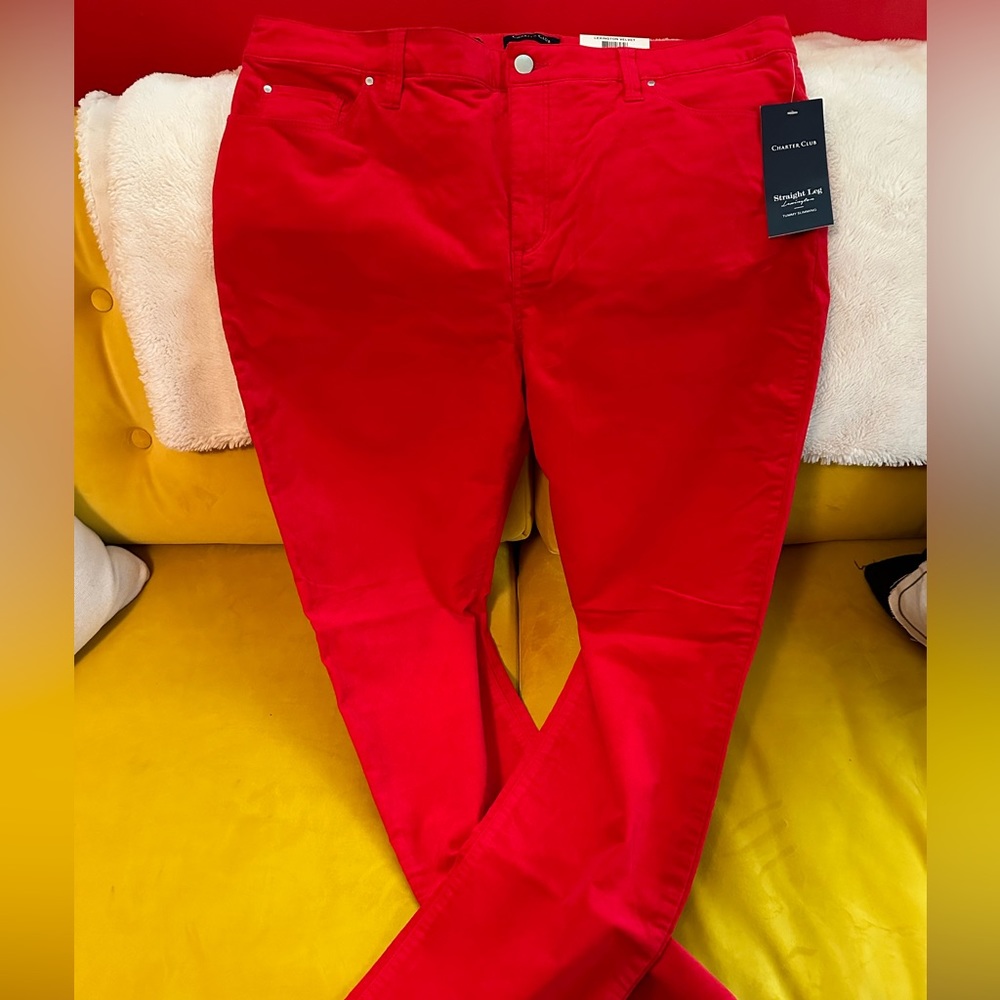 Charter Club womans size 16. Straight leg, red, crushed velvet pant. NWT
